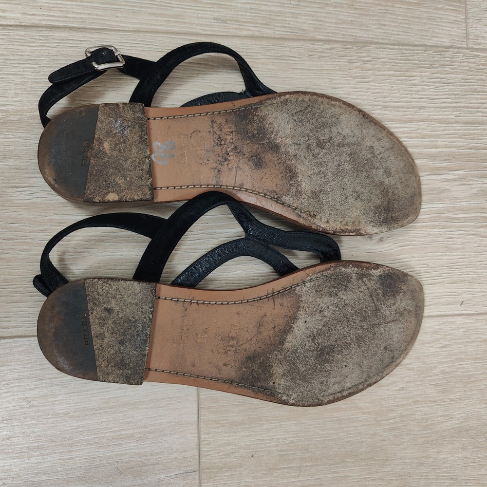 Prada Sandals Women 38 8 Black Suede T-Strap Thong Ankle Strap Flat Luxury - Picture 8 of 10